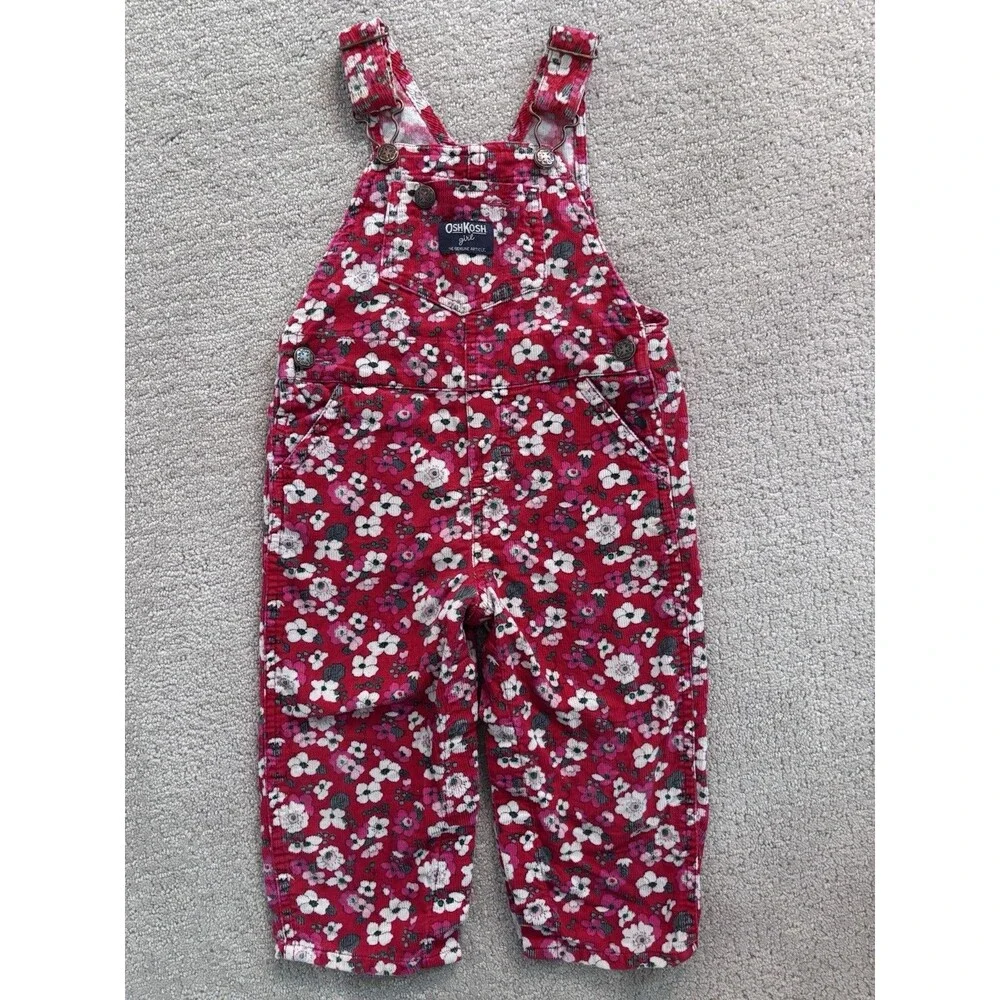 Oshkosh B’Gosh Vestbak Girl’s Red Corduroy Floral Overalls Cherry Blossom 18 Mo